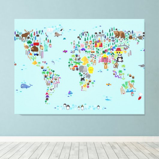 dierkaart van de wereld canvas afdruk (Insitu (Houten vloer))