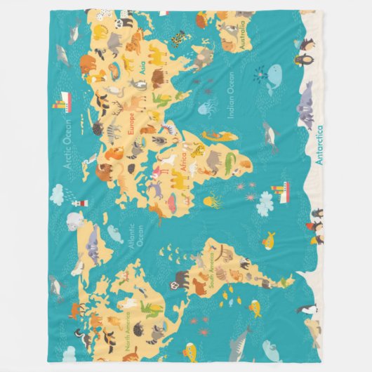 dierkaart van de wereld voor kinderen fleece deken (Voorkant)