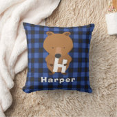 Dierlijk Beer Monogram Naam Kinder Blauw Plaid Kussen (Deken)