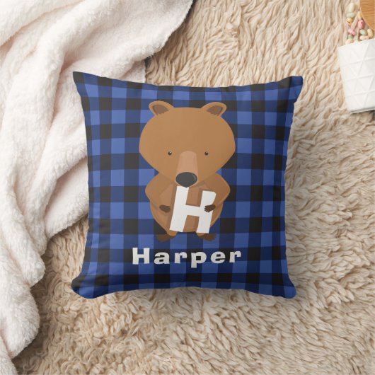 Dierlijk Beer Monogram Naam Kinder Blauw Plaid Kussen (Deken)