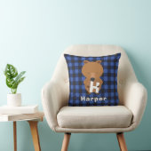 Dierlijk Beer Monogram Naam Kinder Blauw Plaid Kussen (Stoel)