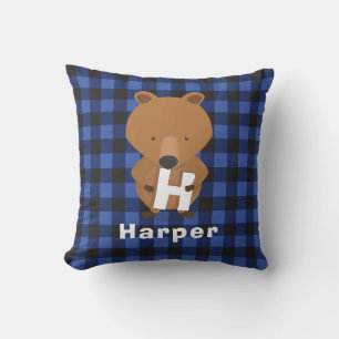 Dierlijk Beer Monogram Naam Kinder Blauw Plaid Kussen