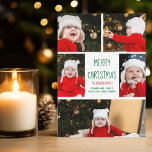 Dierlijk kerstgroen script serie Foto Collage Feestdagenkaart<br><div class="desc">Deze schattige,  moderne Merry-kerstkaart is voorzien van een stijlvolle lay-out van vijf familiefoto's op een witte achtergrond met een groene typografie. Deze prachtige kinder fotovakantiekaart is voorzien van een foto-collage van uw eigen kind met daarin uw boodschap en familienaam in een leuk handgeschreven script.</div>