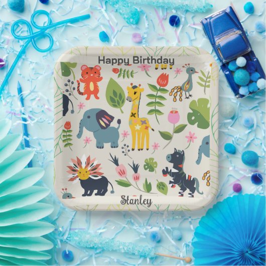 Dierlijk Oerwoud Pastel Bladpatroon Verjaardag Papieren Bordje (Feest)