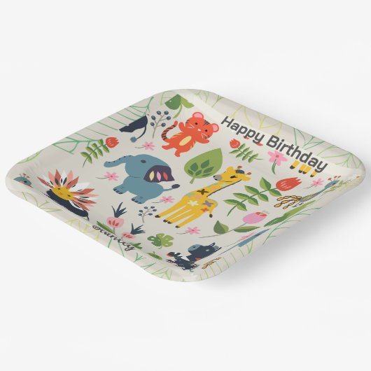 Dierlijk Oerwoud Pastel Bladpatroon Verjaardag Papieren Bordje (Gebogen)
