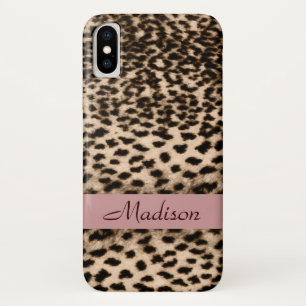 Dierlijk patroon, bruin, roze, monogram iPhone x hoesje