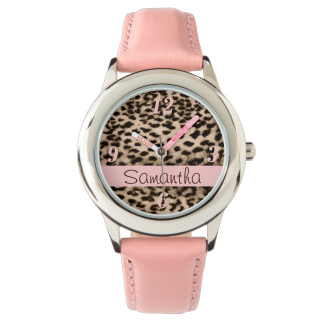 Dierlijk patroon, bruin, roze, monogram horloge (Voorkant)