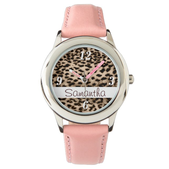 Dierlijk patroon, bruin, roze, monogram horloge (Voorkant)