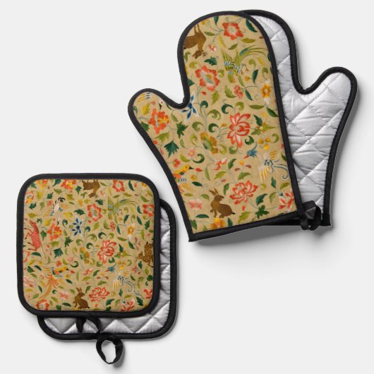 Dierlijke Antiek vogelpest Deer Rabbit Ovenwant & Pannenlap Set (Voorkant / Achterkant)