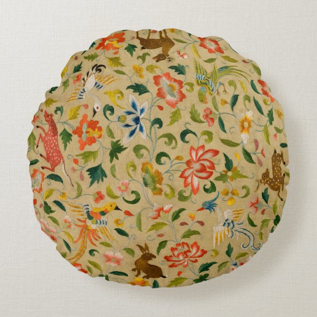 Dierlijke Antiek vogelpest Deer Rabbit Rond Kussen (Voorkant)