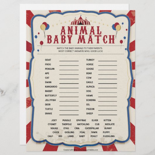 Dierlijke Baby [Circus Theme] Briefhoofd (Voorkant / Achterkant)