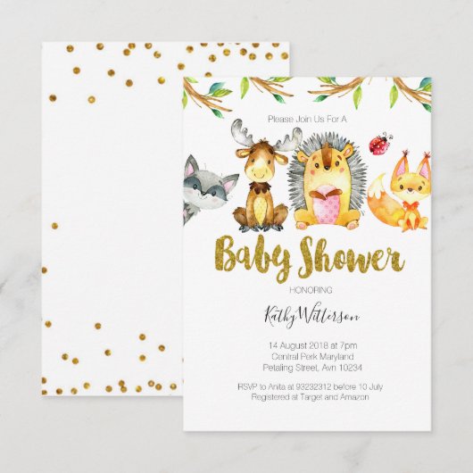 Dierlijke bossen Baby shower Invite Kaart (Voorkant / Achterkant)