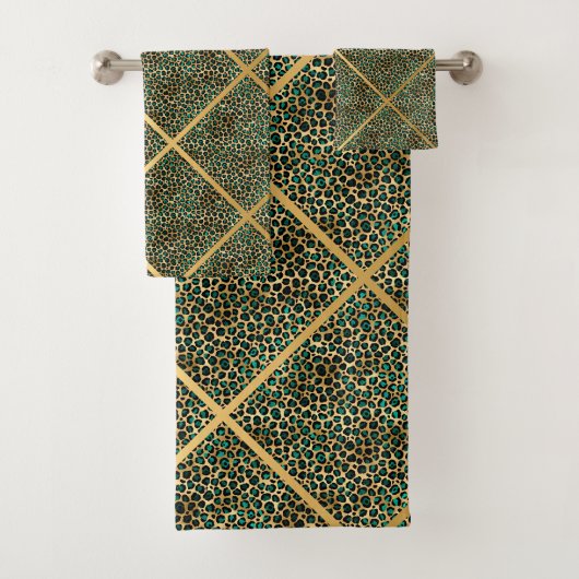 DIERLIJKE GREEN LEOPARD PRINT LUXURY GRID TOWEL BAD HANDDOEK (Insitu)