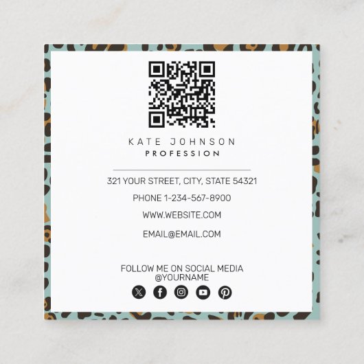 Dierlijke huid Luipaard Afdrukpatroon Sage QR-code Vierkante Visitekaartje (Achterkant)