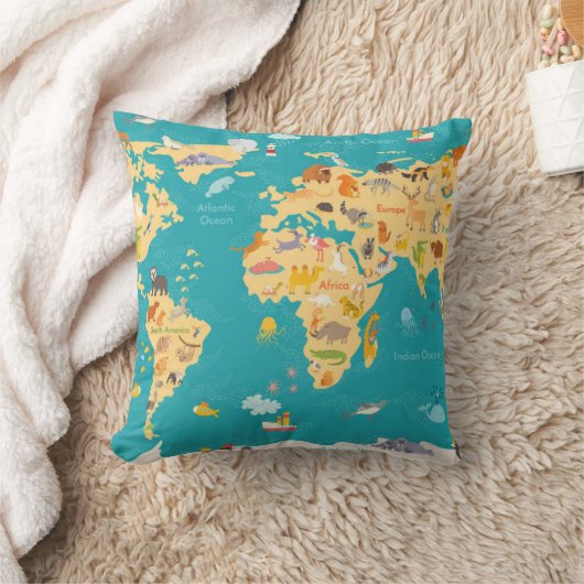 Dierlijke Kaart van de Wereld voor Kind Kussen (Deken)