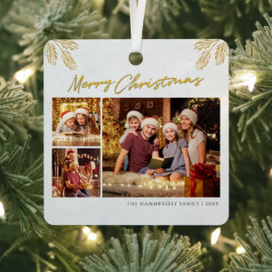 Dierlijke kerstfamilie Foto Collage Holiday Metalen Ornament