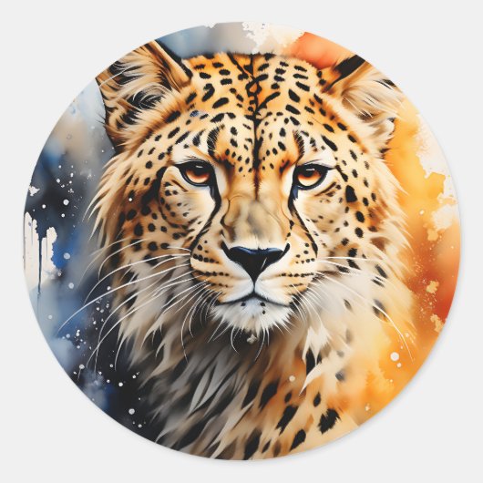 Dierlijke Waterverf Cheetah Portret Ronde Sticker (Voorkant)