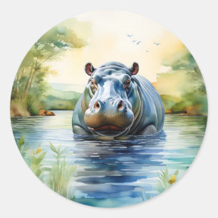 Dierlijke Waterverf nijlpaard Ronde Sticker
