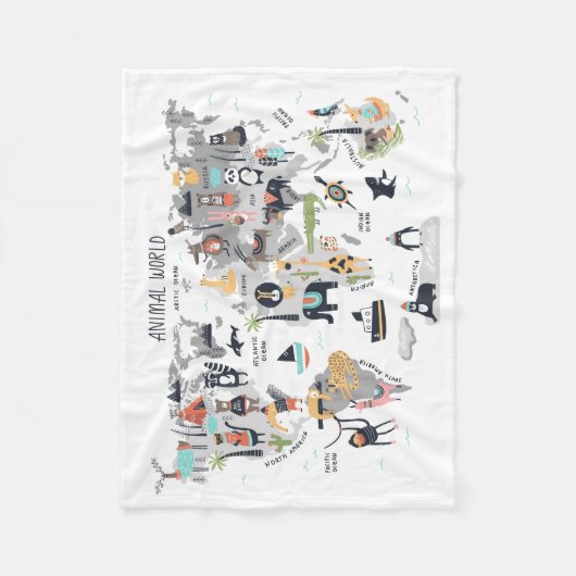 Dierlijke Wereldkaart Fleece Deken (Voorkant)