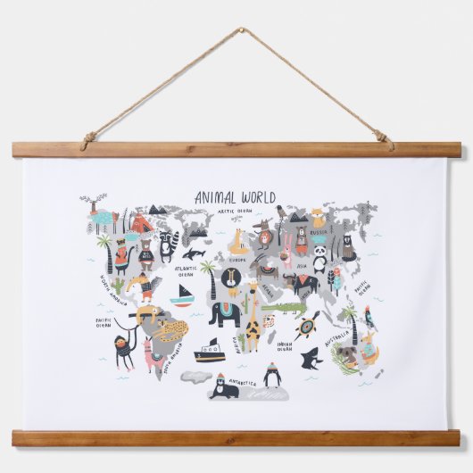 Dierlijke Wereldkaart Hangend Wandkleed (Voorkant)