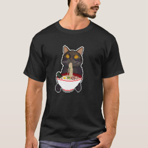 Dierprint Japanse Grappige Zwarte Kat Eet Ramen T-shirt
