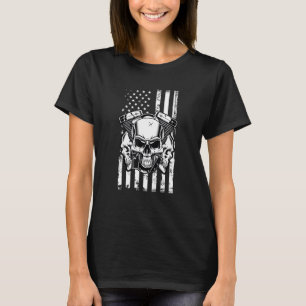 Diesel Mechanic Car Fixing American Flag Skull T-shirt