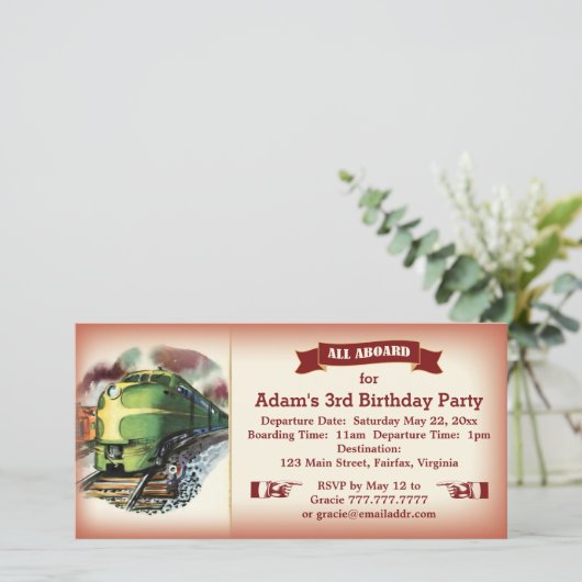  Diesel Train Birthday Party Invitation Red (Staand voorkant)