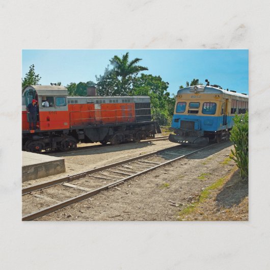 Diesellocomotief en treinwagenbijeenkomst briefkaart (Voorkant)