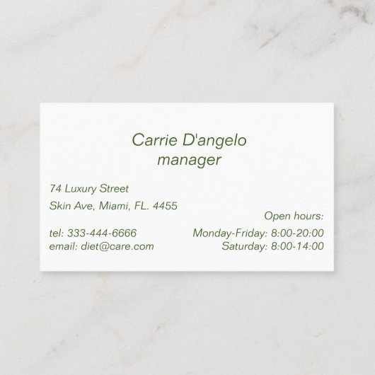 Diet- en voedingsmanager visitekaartje (Achterkant)