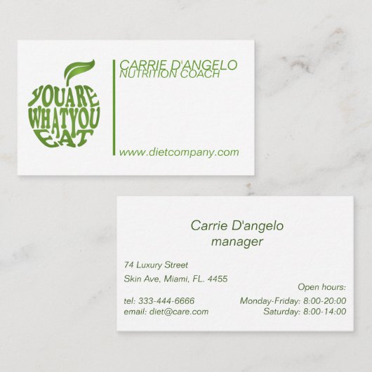 Diet- en voedingsmanager visitekaartje (Voorkant / Achterkant)