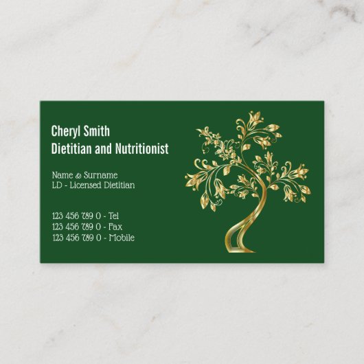 Dietitiaanse boom van het leven faux goudgroen visitekaartje (Voorkant)