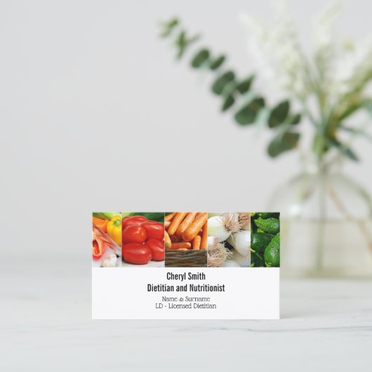 Dietititiaan gezonde verse groentenfotocollage visitekaartje (Staand voorkant)