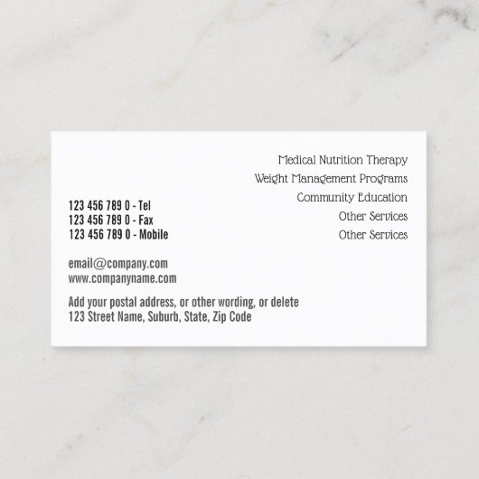 Diëtititische groentetopcollage op zwart visitekaartje (Achterkant)