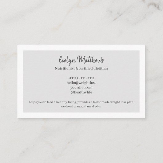 Diëtititische voedingskunstenaar grijze foto's roo visitekaartje (Achterkant)