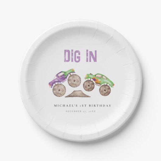 DIG IN Monster Trucks Verjaardag Papieren Bordje (Voorkant)