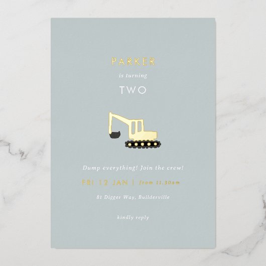 Digger Construction Party Folie Birthday Invite Folie Uitnodiging (Voorkant)