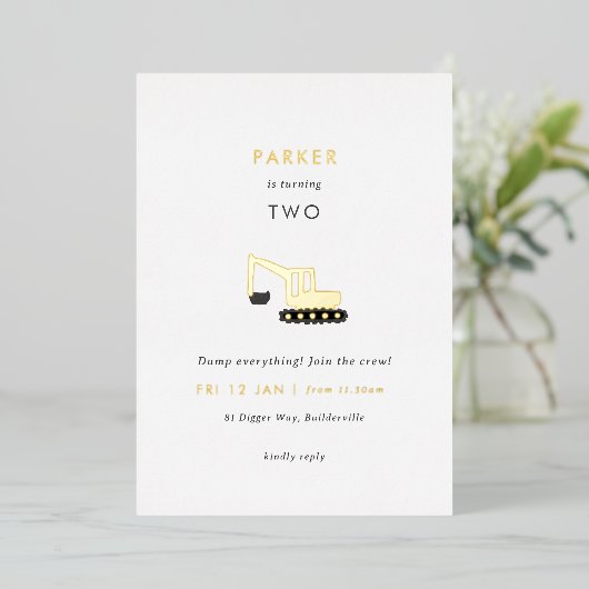 Digger Construction Party Folie Birthday Invite Folie Uitnodiging (Staand Voorkant)