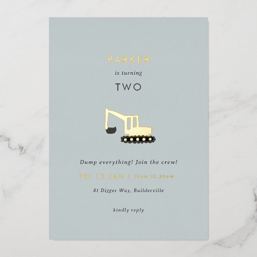 Digger Construction Party Folie Birthday Invite Folie Uitnodiging (Voorkant)