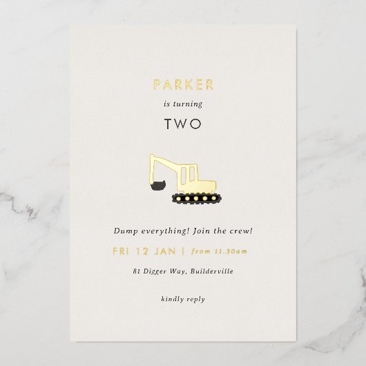 Digger Construction Party Folie Birthday Invite Folie Uitnodiging (Voorkant)