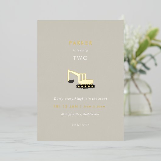 Digger Construction Party Folie Birthday Invite Folie Uitnodiging (Staand Voorkant)