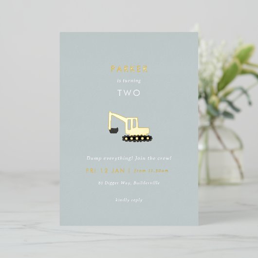 Digger Construction Party Folie Birthday Invite Uitnodiging (Staand Voorkant)