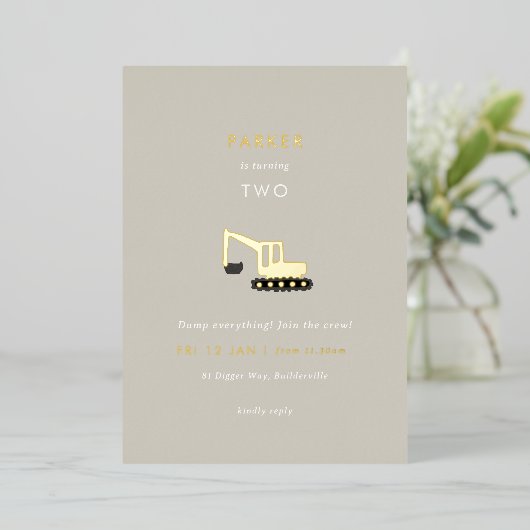 Digger Construction Party Folie Birthday Invite Uitnodiging (Staand Voorkant)