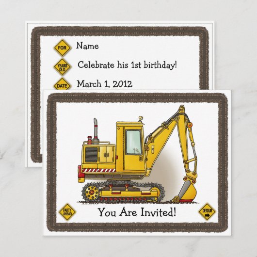 Digger Shovel Kinder Party Invitation Kaart (Voorkant / Achterkant)