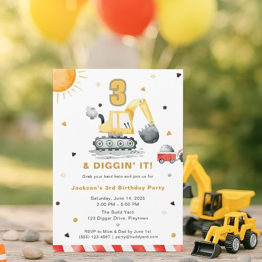 Digger Truck Construction 3rd Birthday Party Kaart