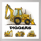 Diggers Backhoe Dozers Construction Poster Print (Voorkant)