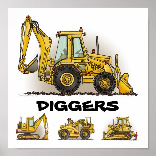Diggers Backhoe Dozers Construction Poster Print (Voorkant)