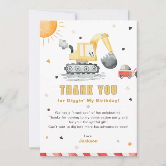 Diggin’ It Construction Birthday Thank You Card (Voorkant)