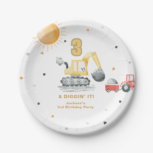 Diggin’ It Yellow Construction Brithday Party Papieren Bordje (Voorkant)