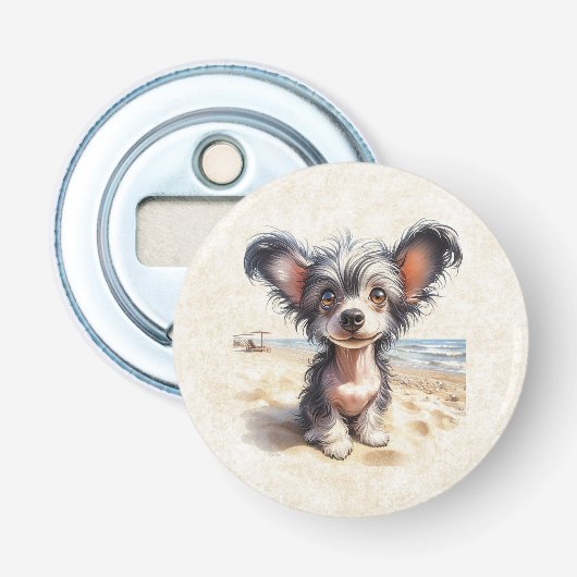 DigiPups Chinese Crested Puppy Hond Strand Scène Button Flesopener (Voorkant)