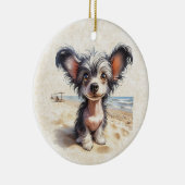 DigiPups Chinese Crested Puppy Hond Strand Scène Keramisch Ornament (Rechts)